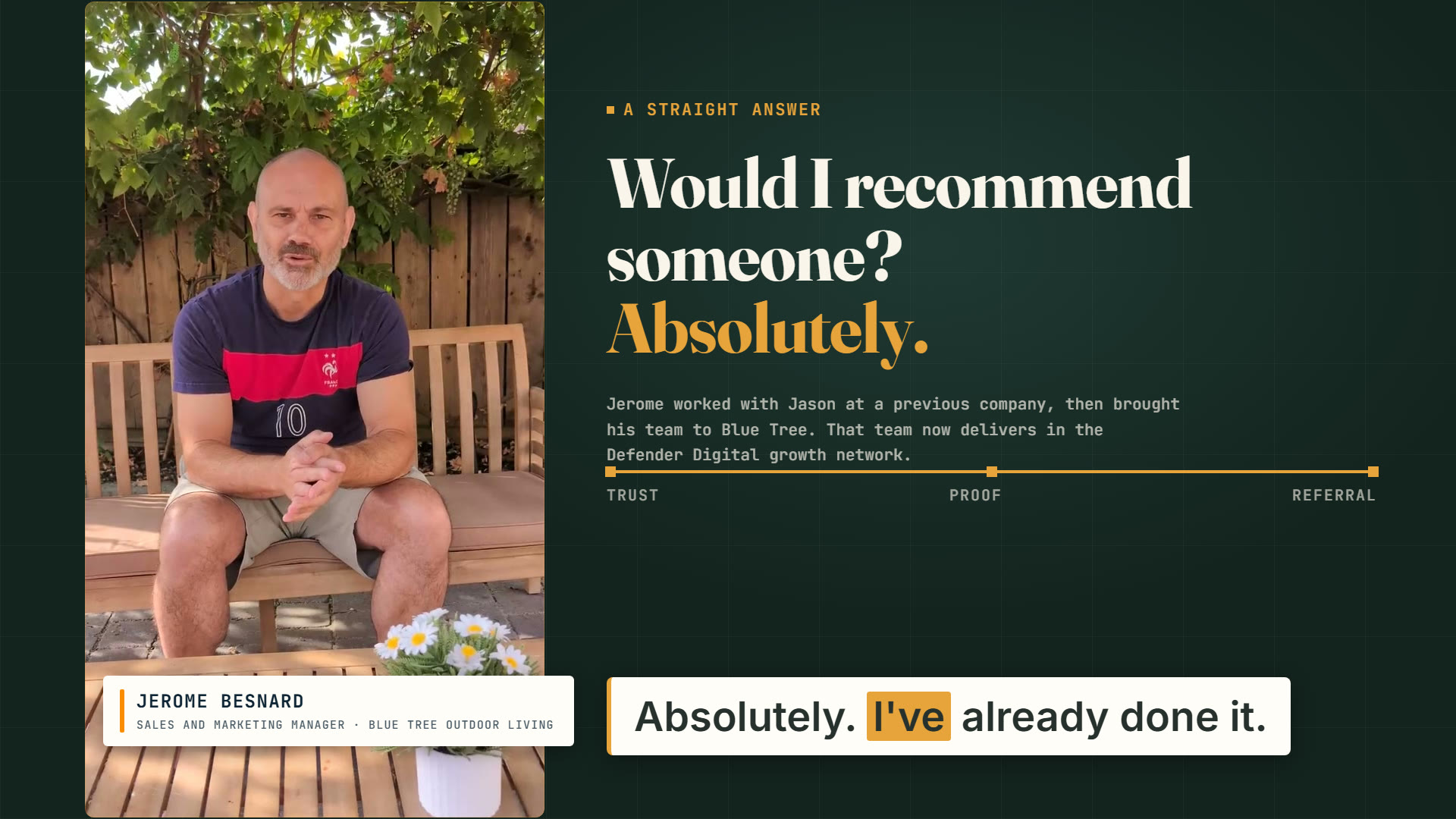 Jerome Besnard in the Defender Digital branded Blue Tree testimonial